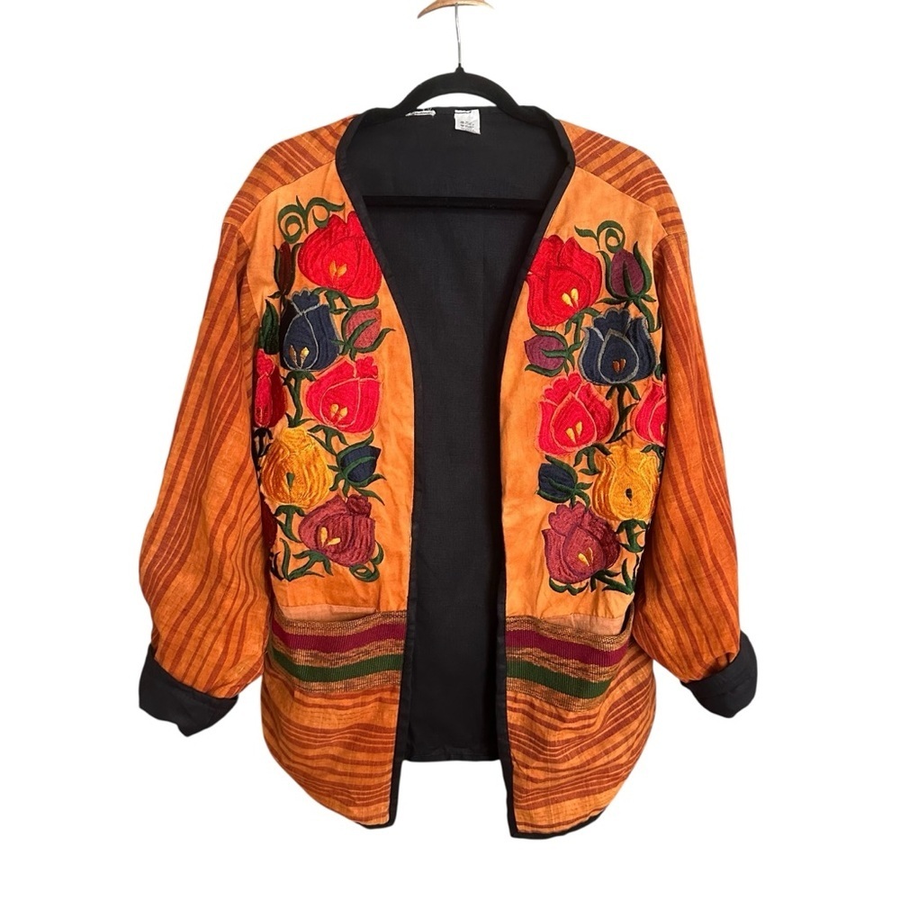 Vintage Latin American Embroidered Huipil Jacket - Folk Art‎ Open Front Global L
